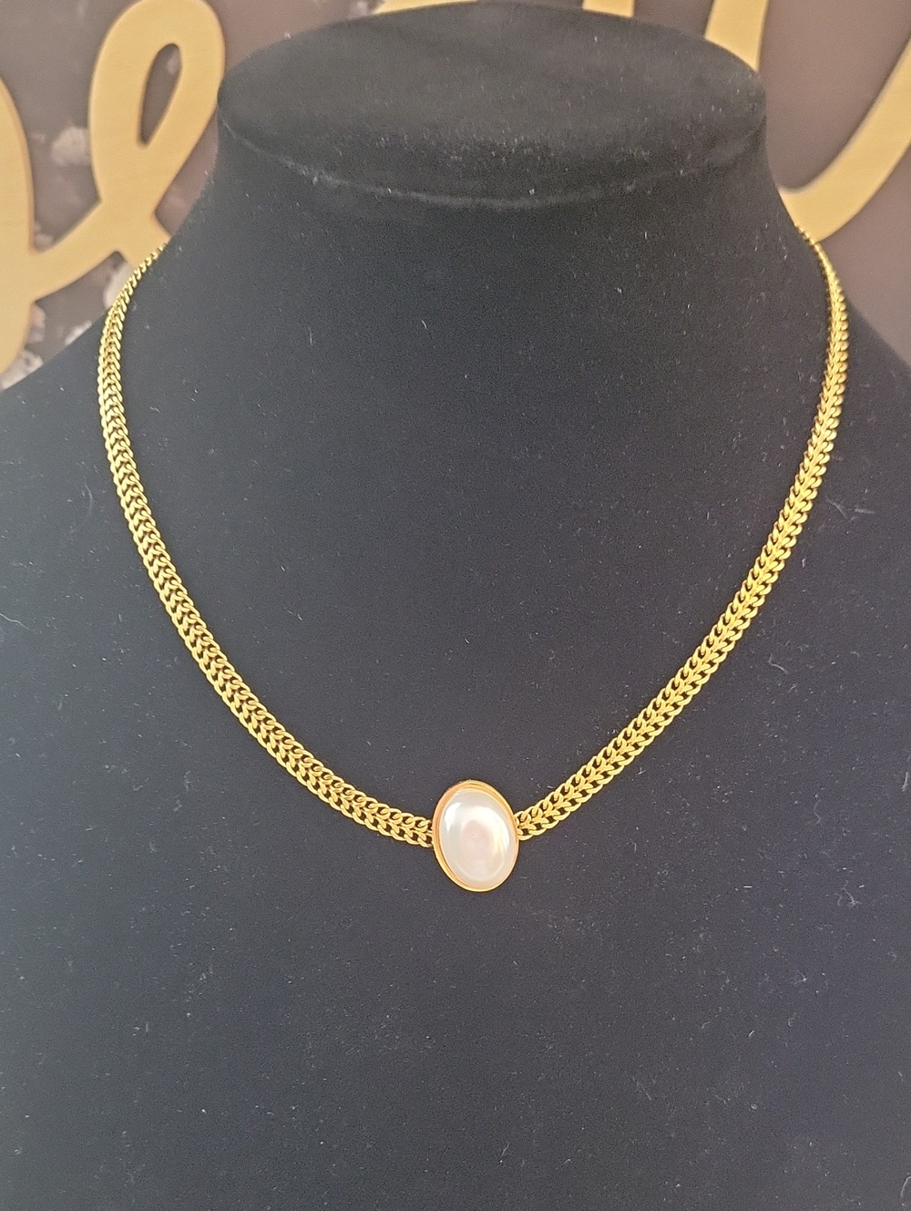 Gold Stainless Steel Chain Necklace with White Faux Pearl Cabochon Pendant